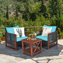 Mondawe - 3-Piece Patio Wicker Furniture Set w/ Acacia Wood Table, Outdoor Rattan Chairs with Washable Cushions - Light Blue