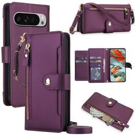 Dteck - Crossbody Zipper Wallet Case for Google Pixel 9 Pro XL,Faux Leather Magnetic Closure Flip Credit Card Holder Cover - Darkpurple
