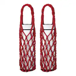 Unique Bargains - 2pcs Crochet Water Bottle Carrier Bag, Handwoven Cotton Rope with Braided Handle for Travel - Burgundy