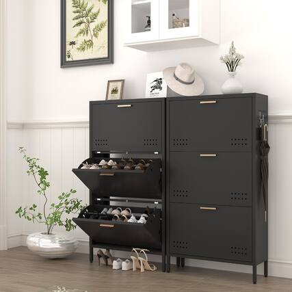 Front. Loheer - Loheer black metal tilt out shoe cabinet, slim entryway shoe storage with three drawers - Black.