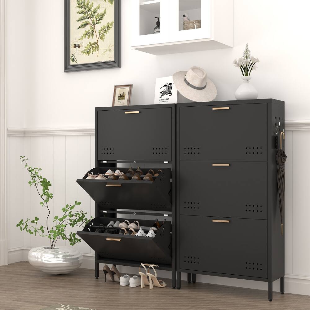 Front. Loheer - Loheer black metal tilt out shoe cabinet, slim entryway shoe storage with three drawers - Black.