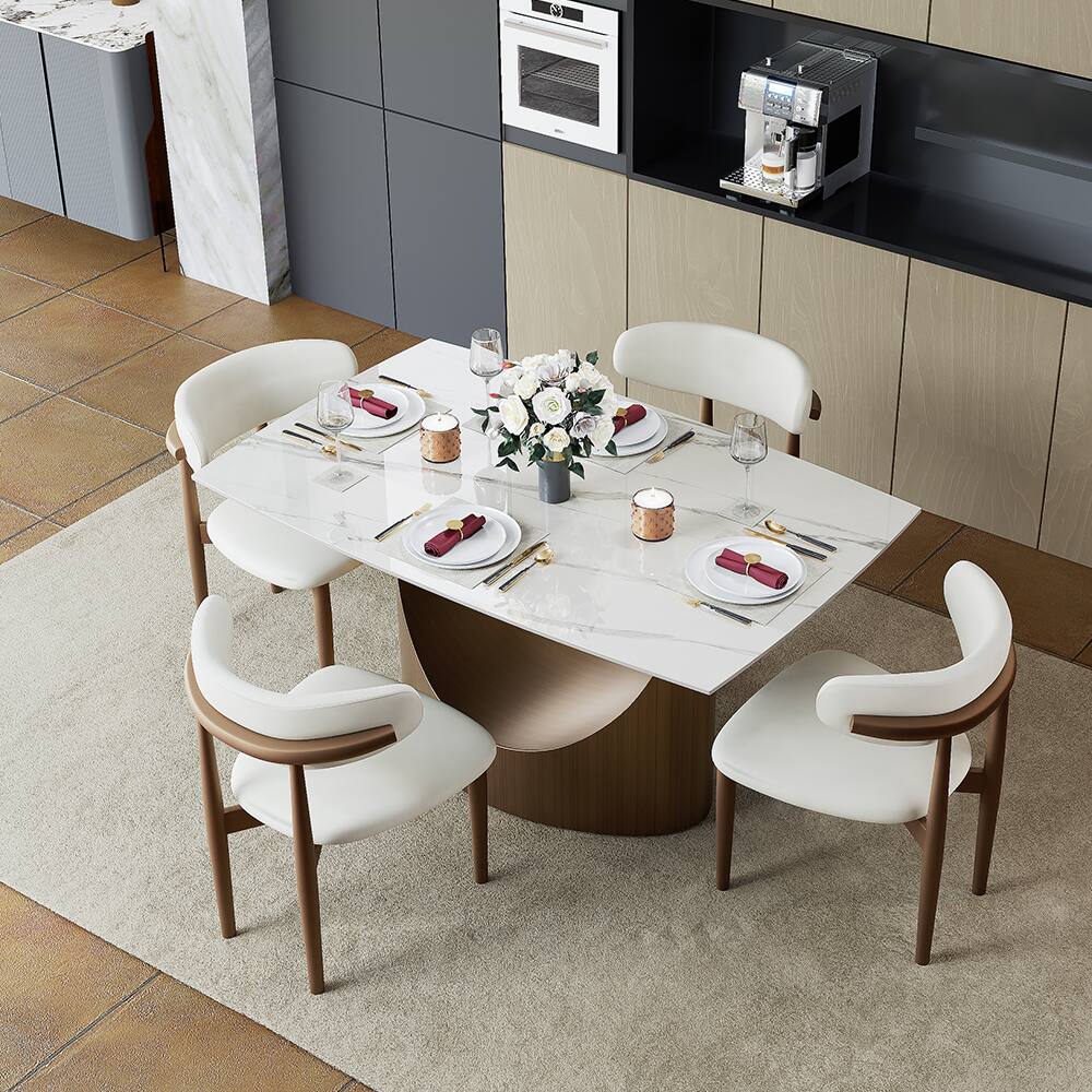 Alt View 6. POVISON - 55"-79"Extendable Modern White Dining Table for 6-10,Rectangular Glossy Sintered Stone Tabletop,Bronze Carbon Steel Leg - Glossy White Sintered Stone with Bronze.