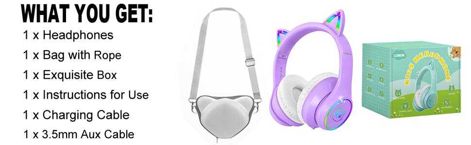WHAT YOU GET:  
1 x Headphones  
1 x Bag with Rope  
1 x Exquisite Box  
1 x Instructions for Use  
1 x Charging Cable  
1 x 3.5mm Aux Cable