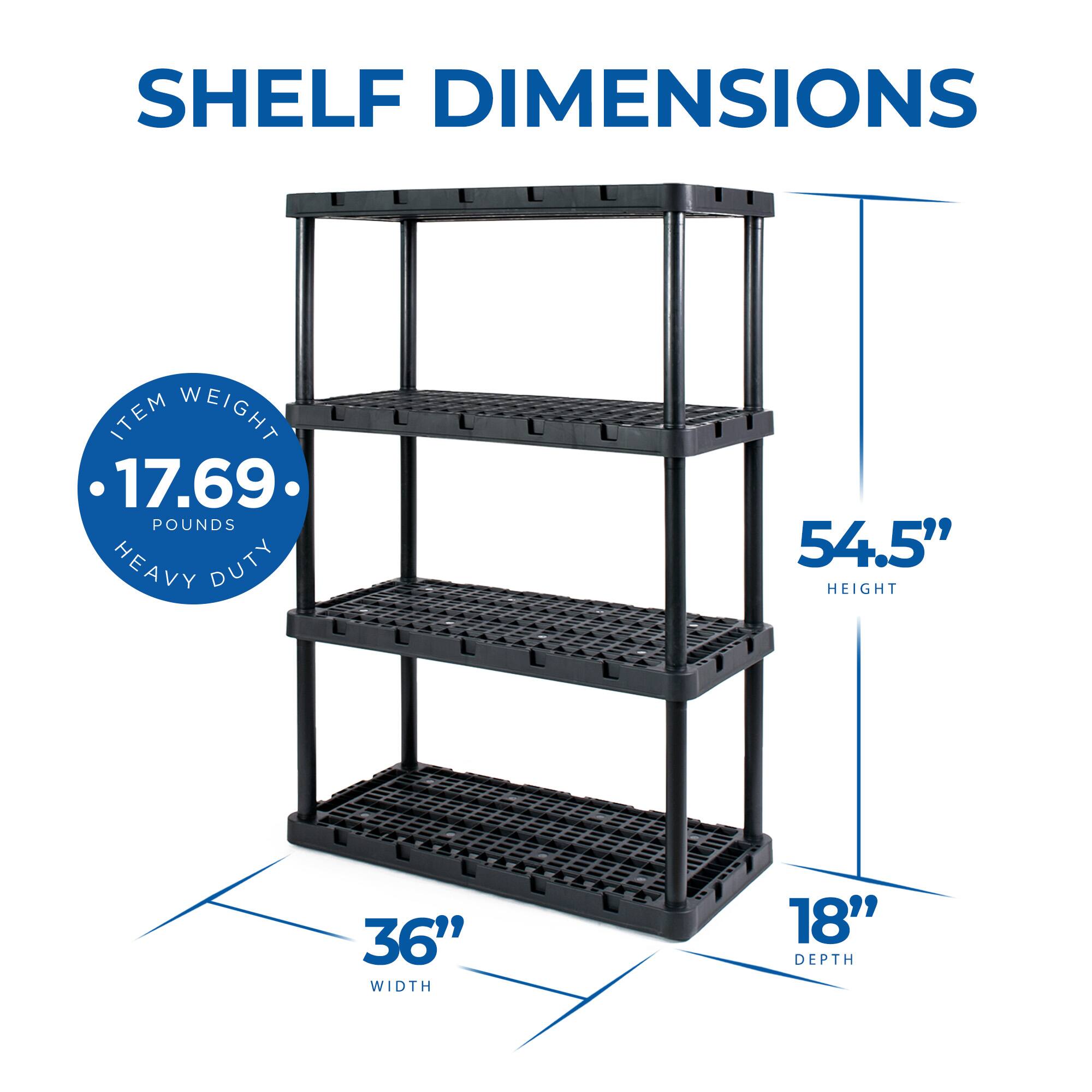 SHELF DIMENSIONS

- ITEM WEIGHT: 17.69 POUNDS
- HEAVY DUTY
- HEIGHT: 54.5"
- WIDTH: 36"
- DEPTH: 18"