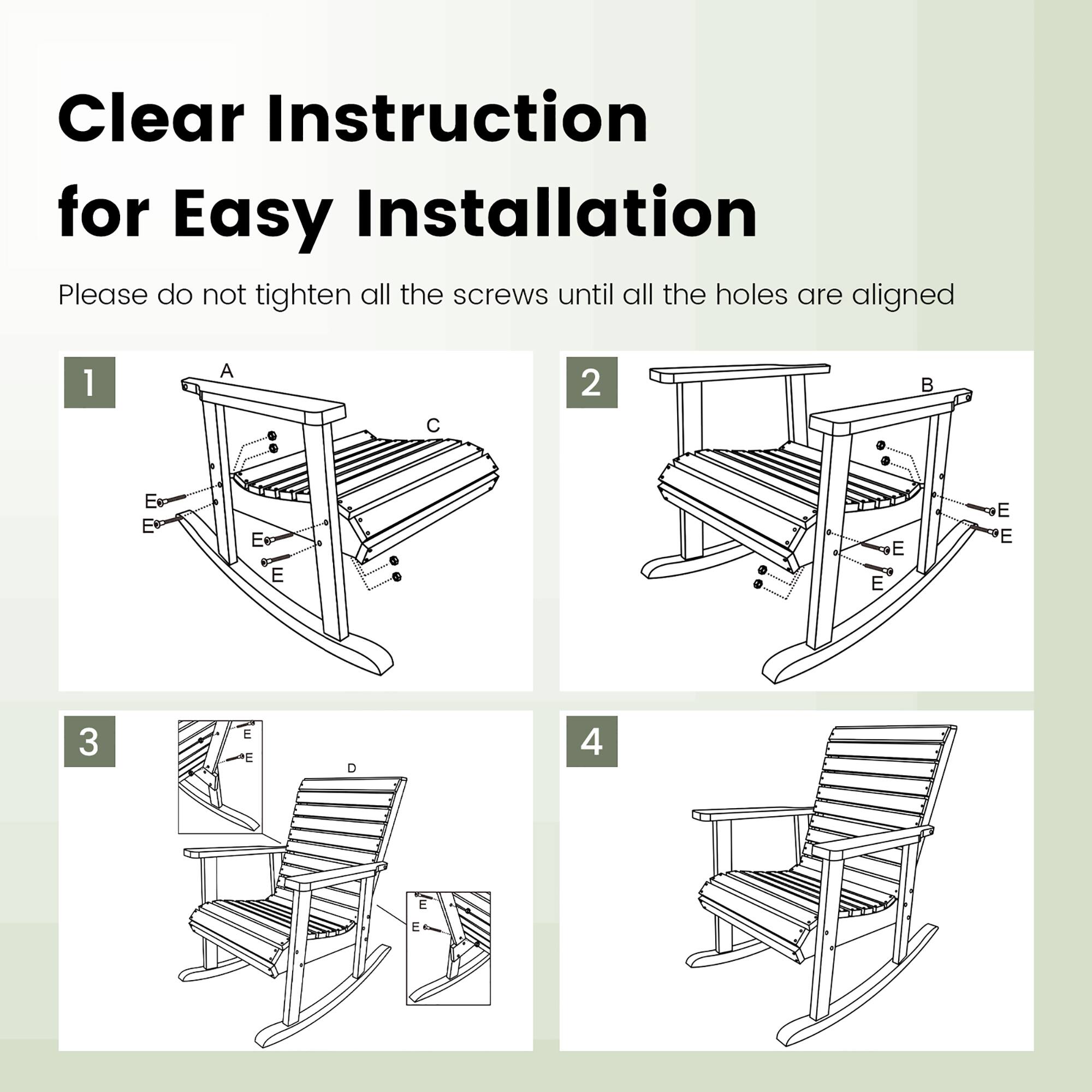 Clear Instruction for Easy Installation
Please do not tighten all the screws until all the holes are aligned
1 A . e C
2 . B E
3 E E . . 4 E E E E
3 E L D 4 E E