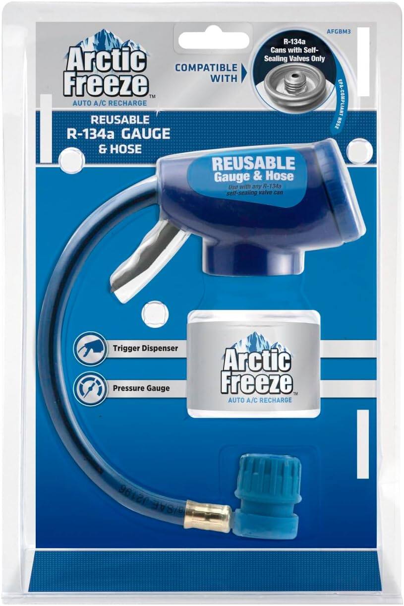 AFGBM3 R-134a Cans with Self-Sealing Valves Only COMPATIBLE WITH Freeze™ EPA-COMPLIANT AUTO A/C RECHARGE REUSABLE HOSE R-134a GAUGE & HOSE REUSABLE Gauge & Hose Use with any R-134a self-sealing valve can Trigger Dispenser Pressure Gauge 02196 a/SAF Arctic Freeze™ AUTO A/C RECHARGE