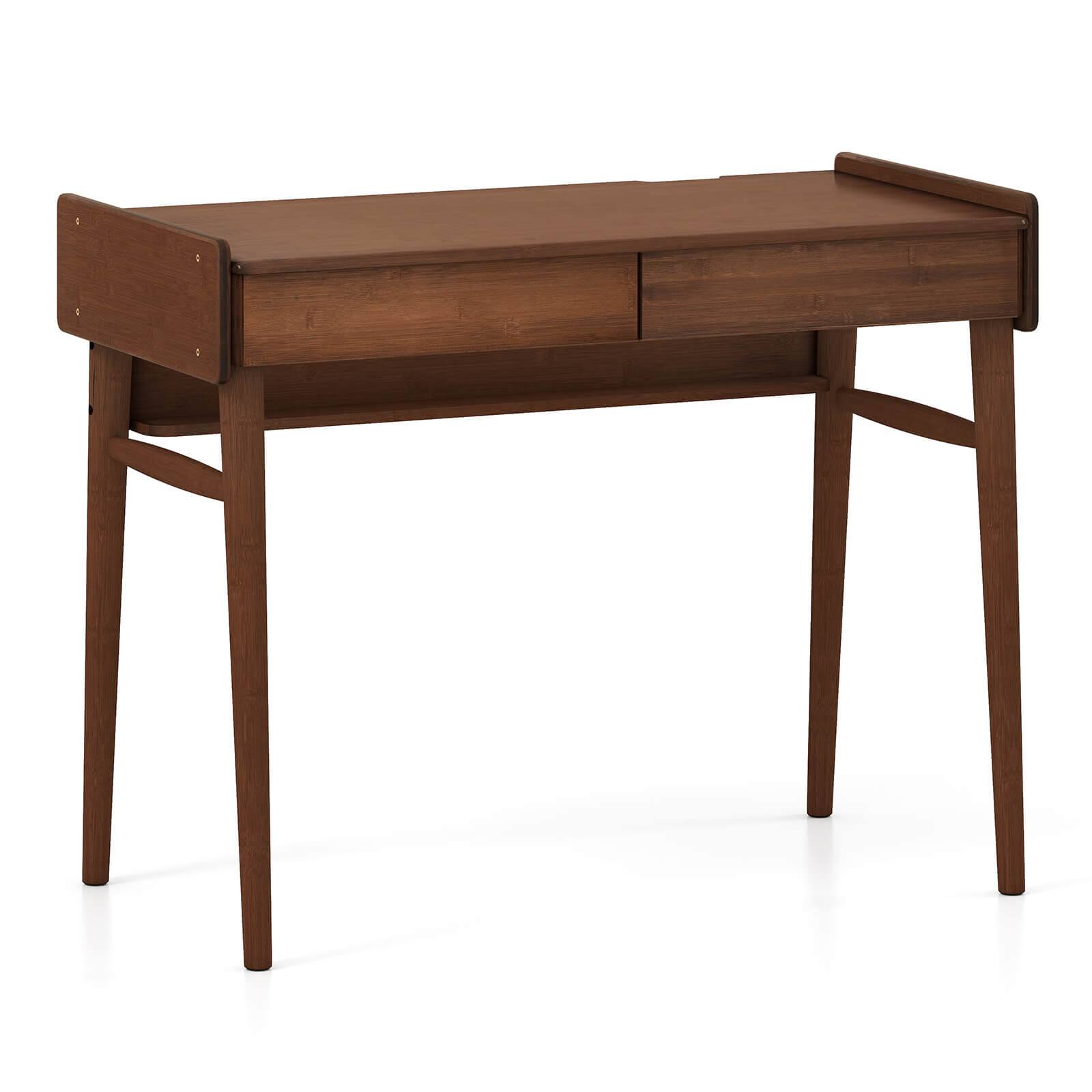 Alt View 9. Costway - Costway Bamboo Writing Desk 39.5" Computer Study Desk with 2 Storage Drawers & Open Shelf - Brown.