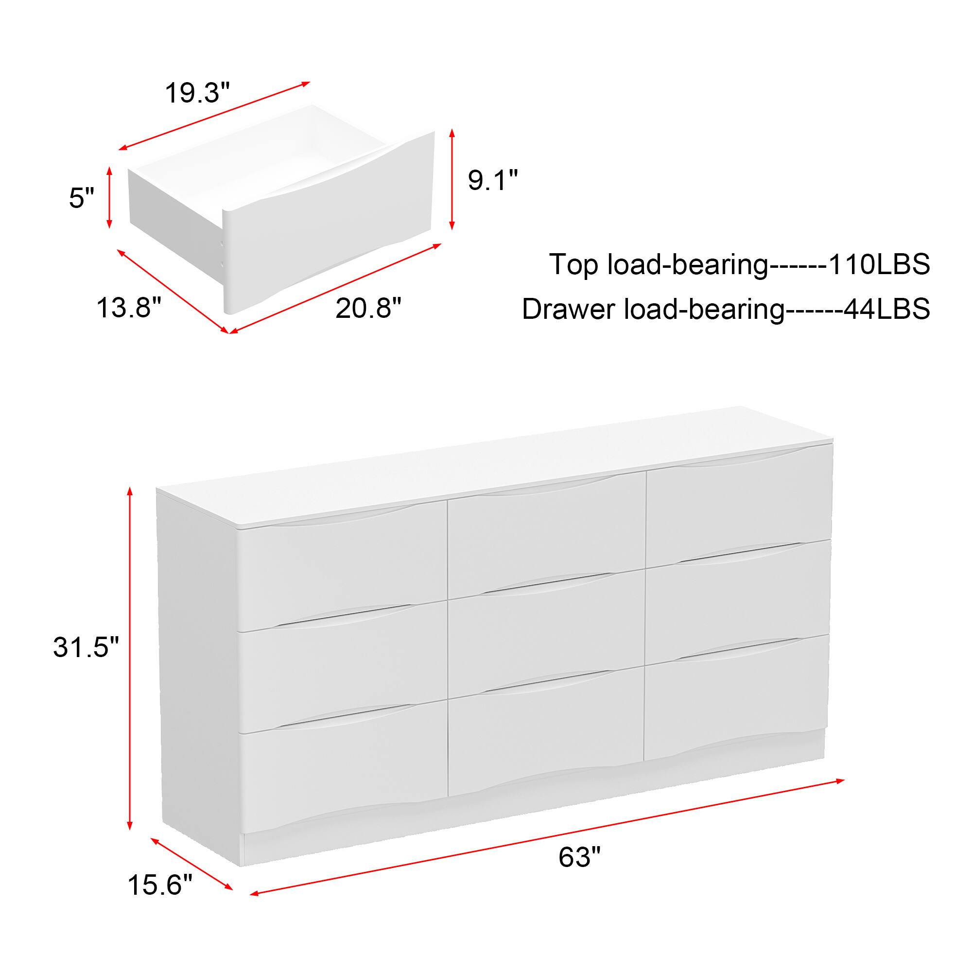 19.3" x 20.8" x 13.8" x 5" x 9.1"  
Top load-bearing: 110LBS  
Drawer load-bearing: 44LBS  
31.5" x 15.6" x 63"