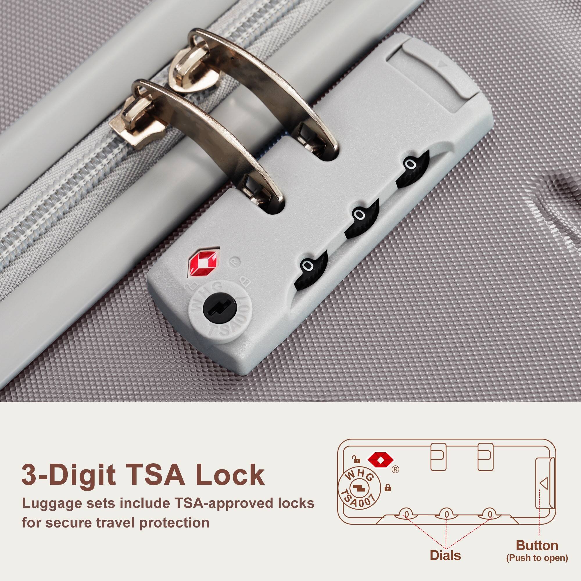 3-Digit TSA Lock  
Luggage sets include TSA-approved locks for secure travel protection  

Button (Push to open)  
Dials