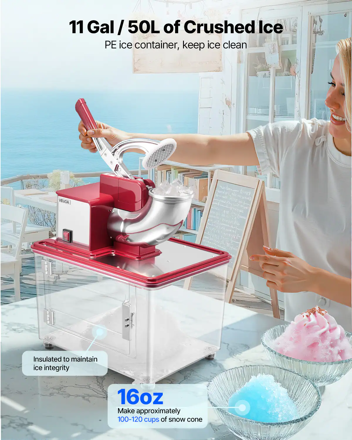 11 Gal / 50L of Crushed Ice, PE ice container, keep ice clean, VEVOR, Insulated to maintain ice integrity, 16oz, Make approximately 100-120 cups of snow cone