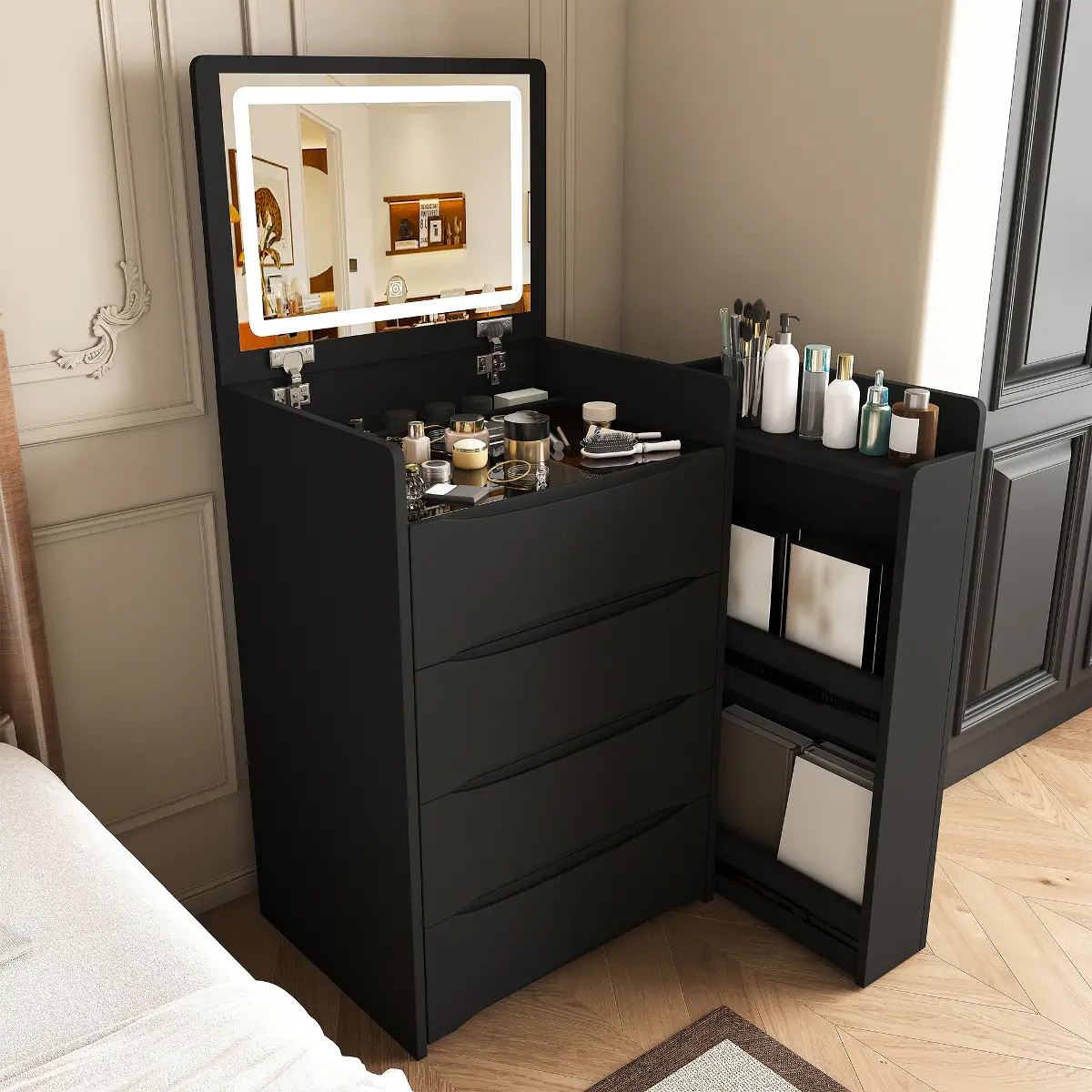 Loheer - Flip Mirror Vanity Desk with Adjustable LED Lights, Hidden Storage and Stool - Black