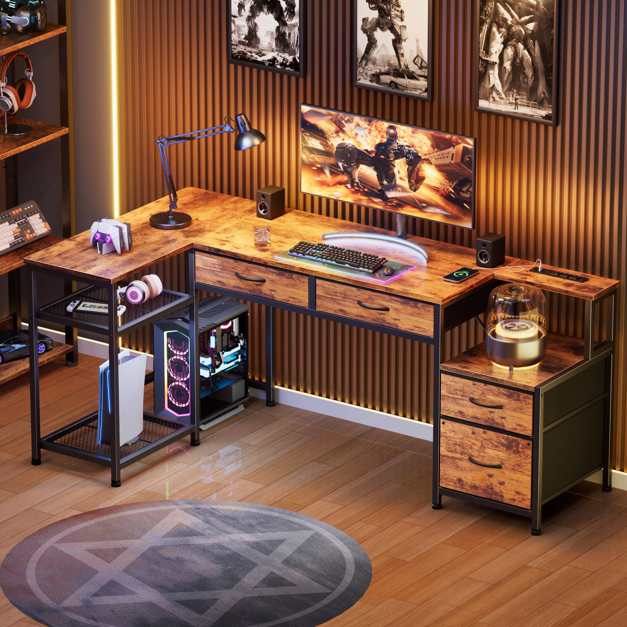 Alt View 7. Furnulem - Computer Desk With Drawers Power Outlet Gaming Desk With Storage Shelves for Home Office Desk - Brown.