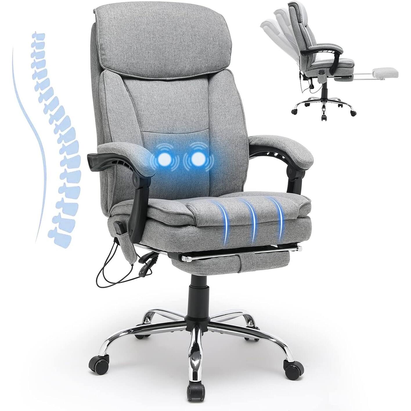 Alt View 3. U-HOMY - Massage Reclining Office Chair – Ergonomic High Back with Breathable Fabric and Retractable Footrest - Light Gray.