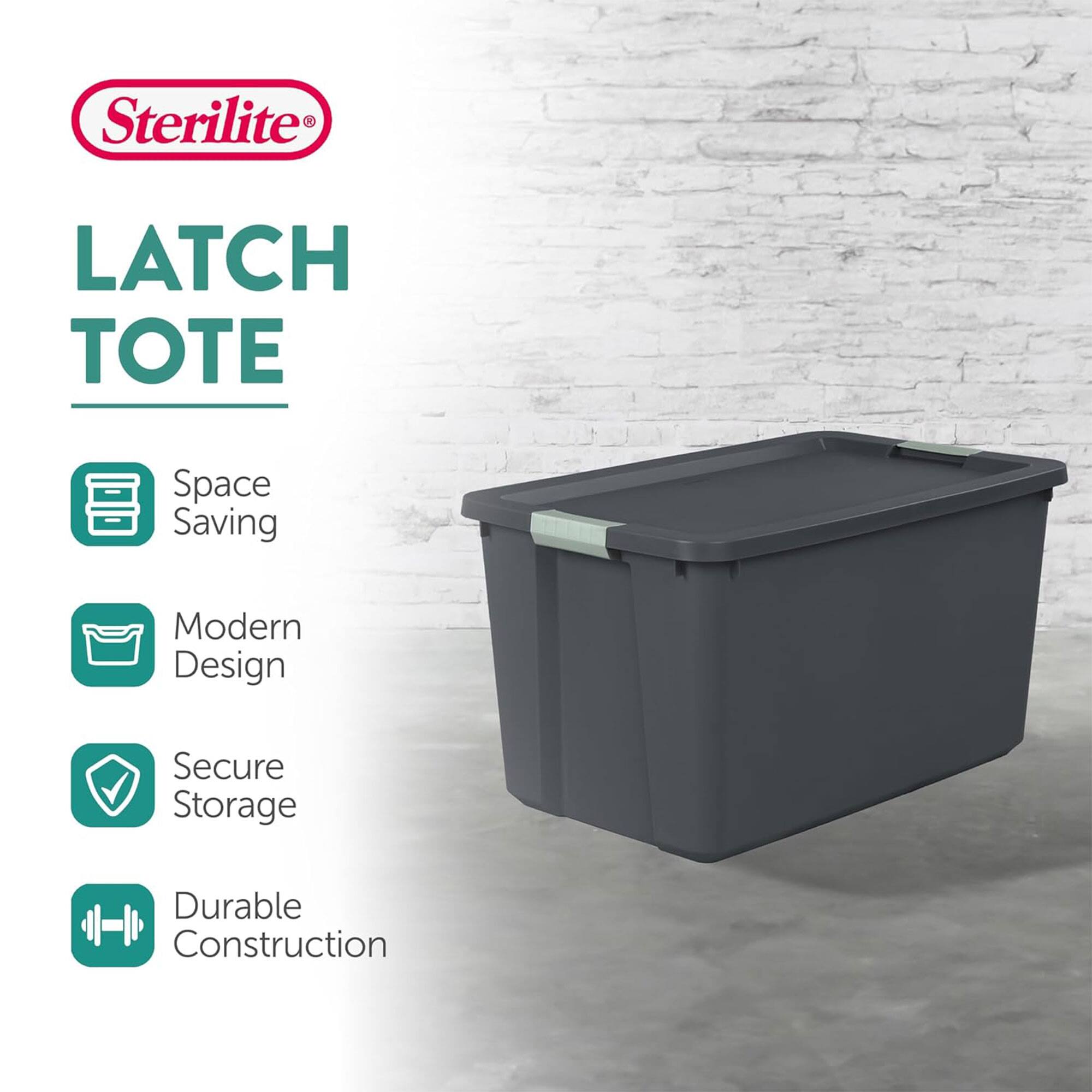 Sterilite LATCH TOTE  
Space Saving  
Modern Design  
Secure Storage  
Durable Construction