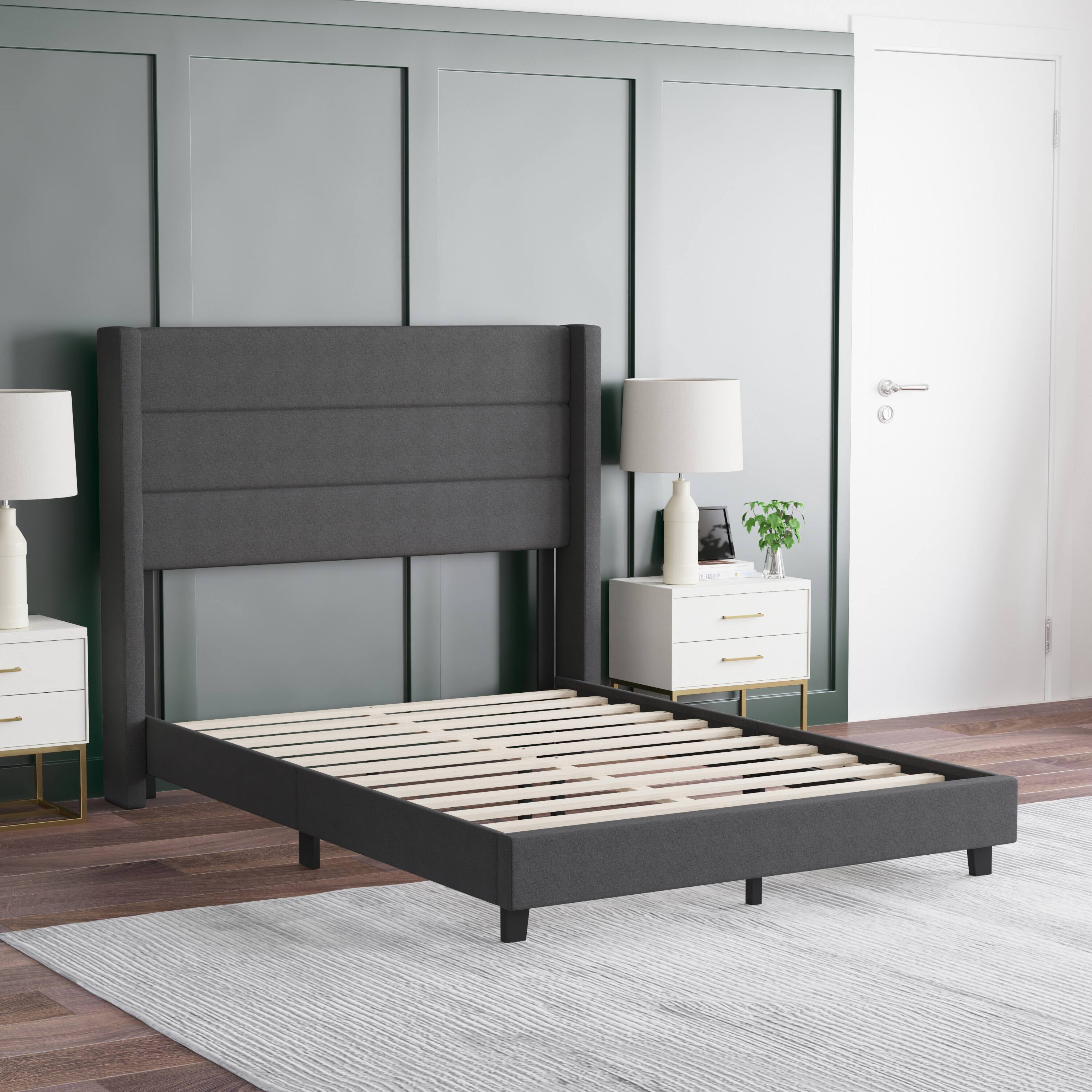 Alt View 3. Emma + Oliver - Upholstered Platform Bed with Wingback Headboard - Charcoal.