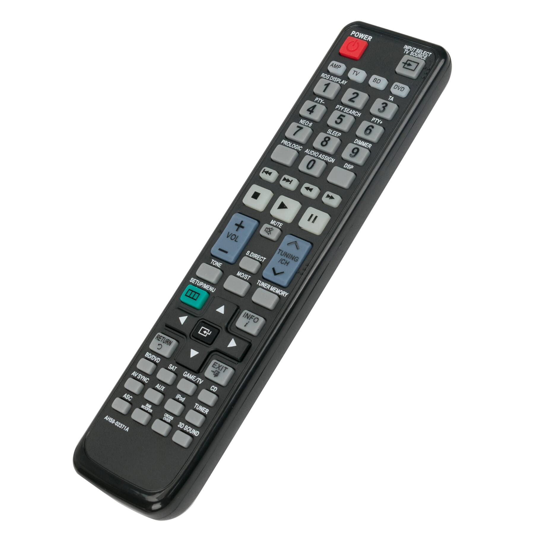 POWER  
INPUT SELECT TV SOURCE SELECT  
AMP TV BD DVD PTY- 1 DVD PTY SEARCH 2 NEOS 3 PTY+ 4 SLEEP 5 PROLOGIC 6 DIMMER AUDIO ASSIGN 7 DSP H M M MUTE  
VOL - 8 DIRECT TUNING ICH TONE MOIST SETUP MENU TUNER MEMORY INFO RETURN RE C BO/DVD SAT EXIT AV SYNC GAME/TV AUX CD iPod TUNER  
AHSO DAR 02371A A 30 SOUND