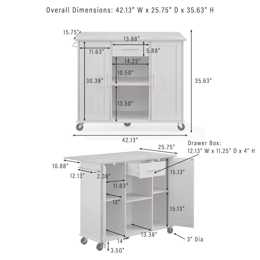 Overall Dimensions: 42.13" W x 25.75" D x 35.63" H  
15.75"  
13.88"  
11.63"  
5.88"  
14.25"  
30.38"  
10.50"  
35.63"  
13.50"  
42.13"  
25.75"  

Drawer Box:  
12.13" W x 11.25" D x 4" H  
10.88"  
12.13"  
2.38"  
11.63"  
15.13"  
12"  
15.13"  
14"  
3.50"  
13.38"  
3" Dia
