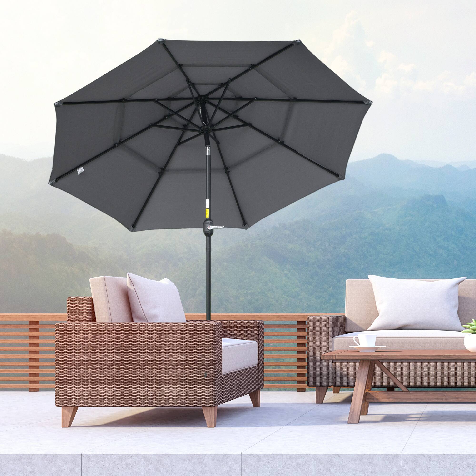 Angle. Outsunny - 9' 3-Tier Patio Umbrella, Outdoor Market Umbrella with Crank and Push Button Tilt for Deck, Backyard and Lawn - Dark Grey.
