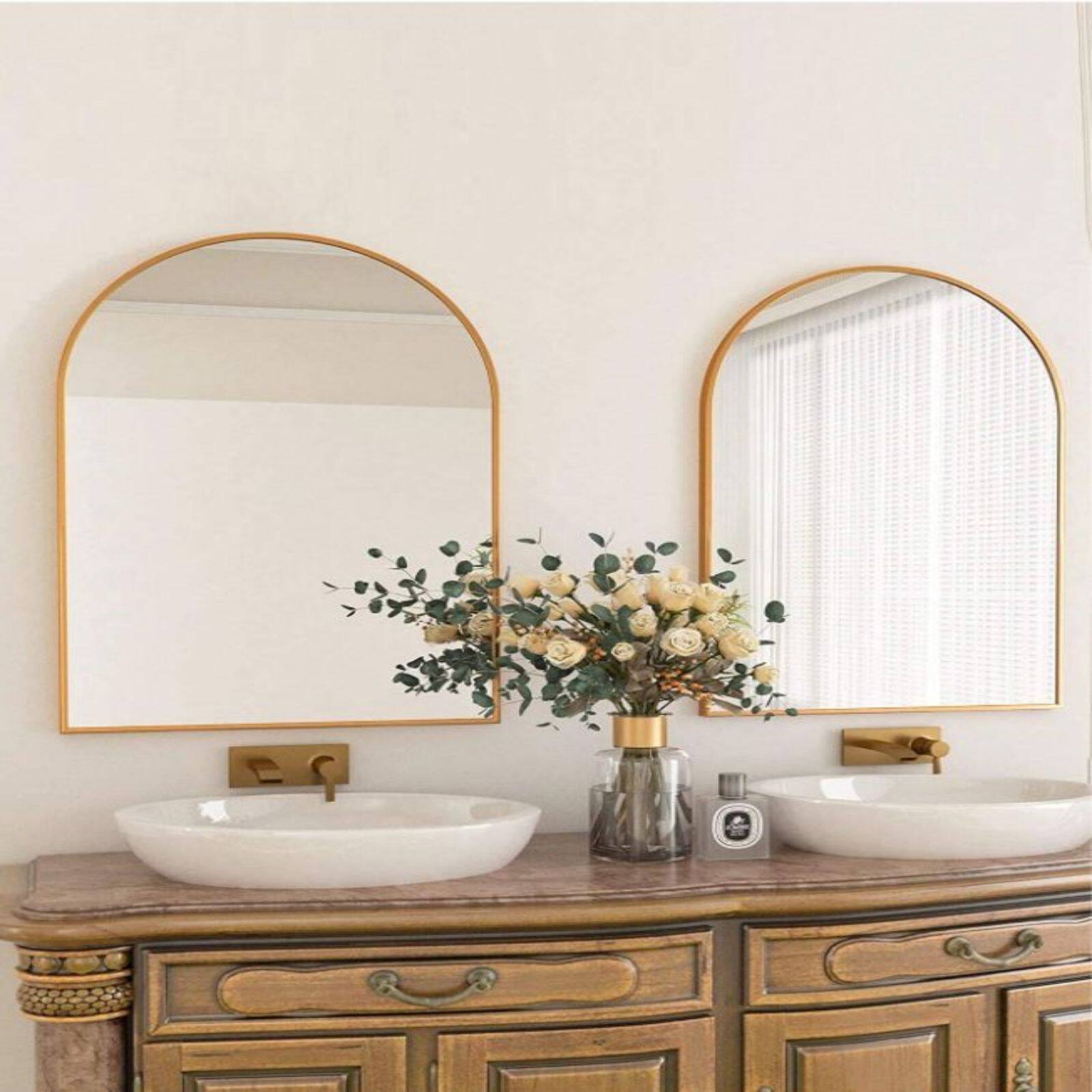 Angle. HOMLUX - Arched Wall Mirror Gold Aluminum Frame Arch Top Wall Mounted Decorative for Entryway Bathroom Bedroom.