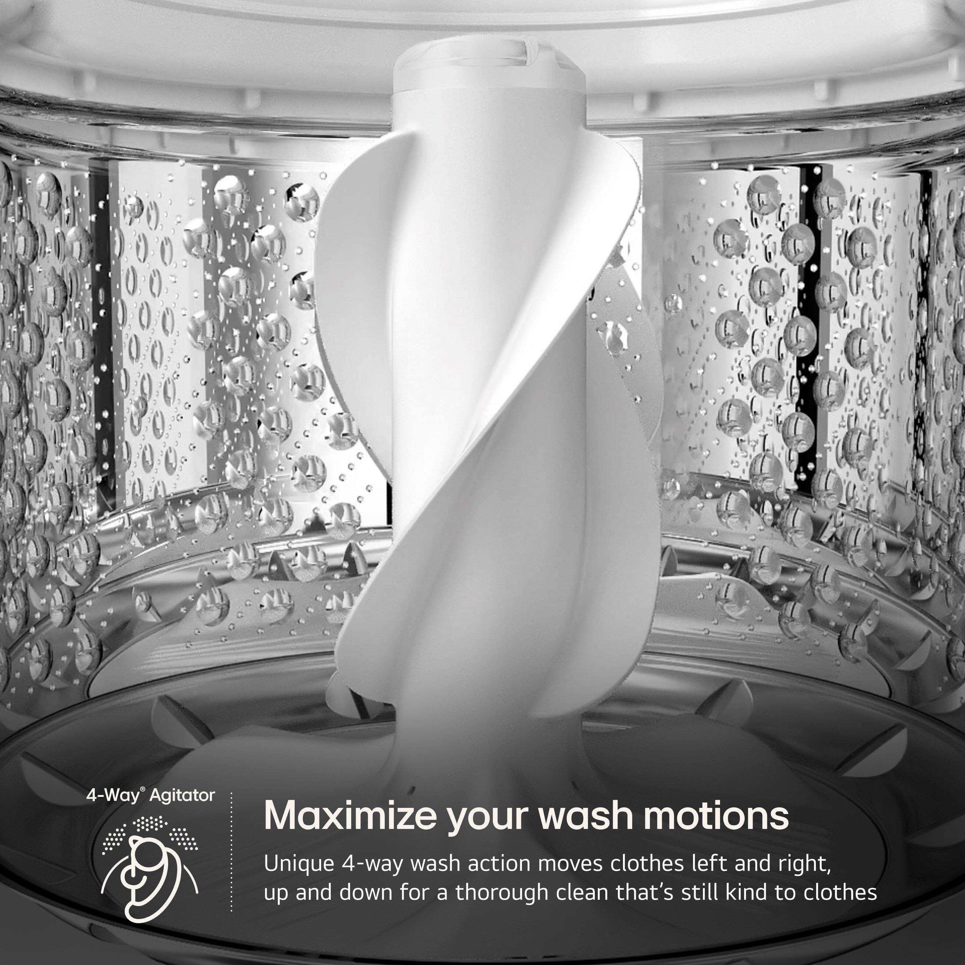 "4-Way Agitator: Maximize your wash motions. Unique 4-way wash action moves clothes left and right, up and down for a thorough clean that's still kind to clothes."
