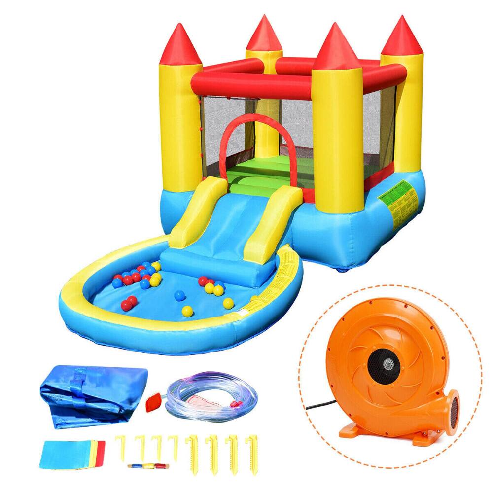 Back. SlickBlue - Outdoor Inflatable Bounce House for Kids with Slide and 580W Blower - Yellow, Red, Blue.