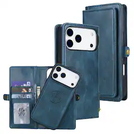 Dteck - For Apple iPhone 17 Pro Detachable Wallet Case Shockproof Leather Card Slots Full Body Protection Cover With Lanyard - Navyblue