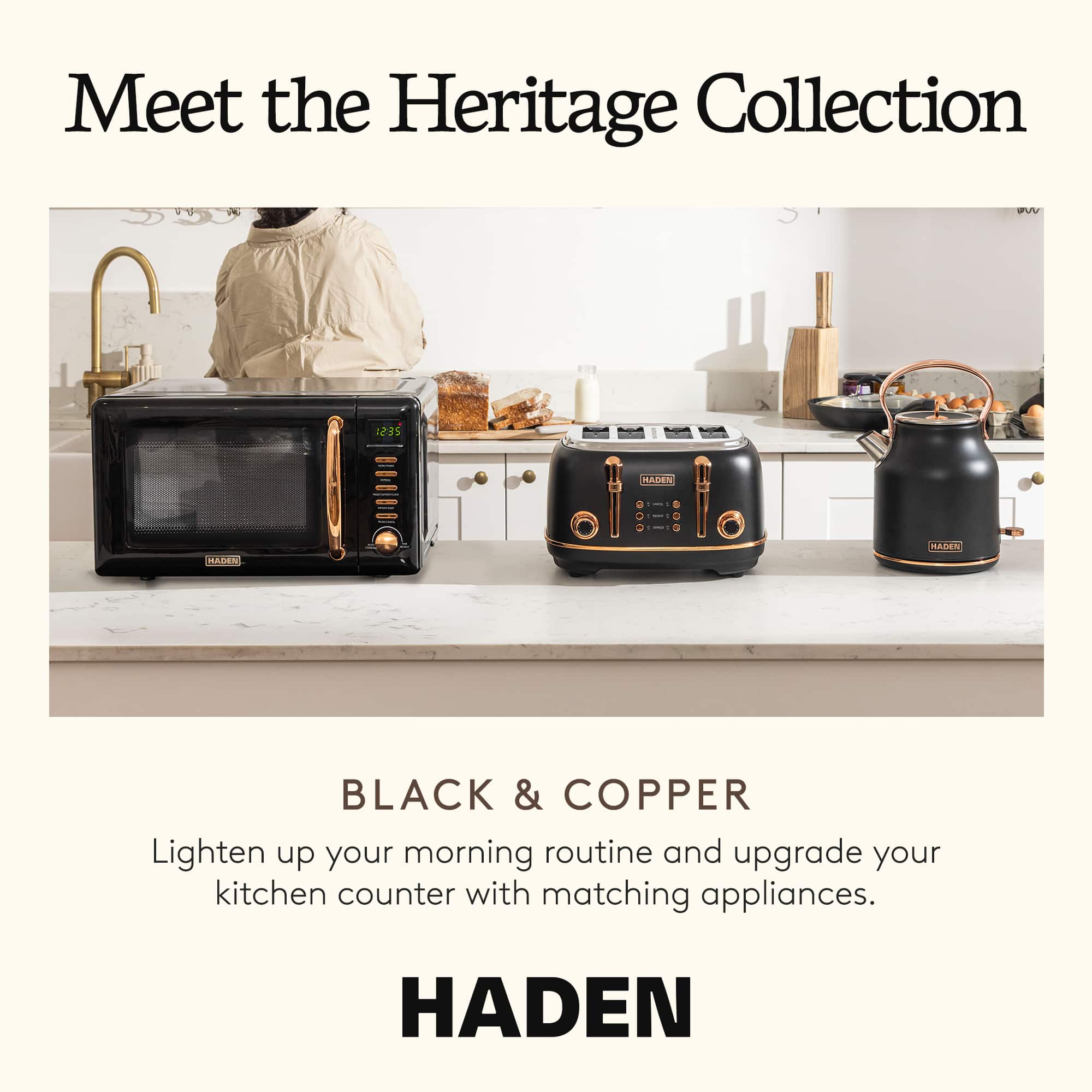 Haden Heritage 4 Slice Wide Slot Toaster & Electric Kettle, Black