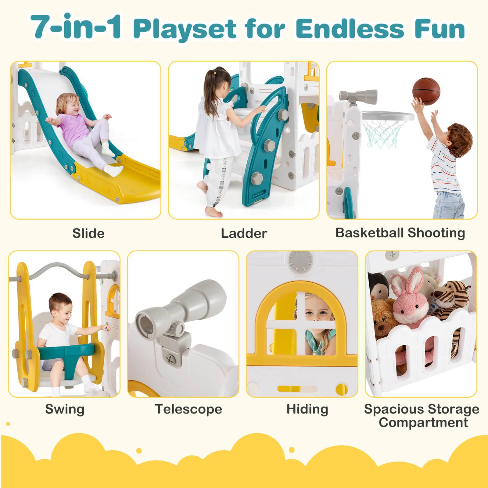7-in-1 Playset for Endless Fun

- Slide
- Ladder
- Basketball Shooting
- Swing
- Telescope
- Hiding
- Spacious Storage Compartment