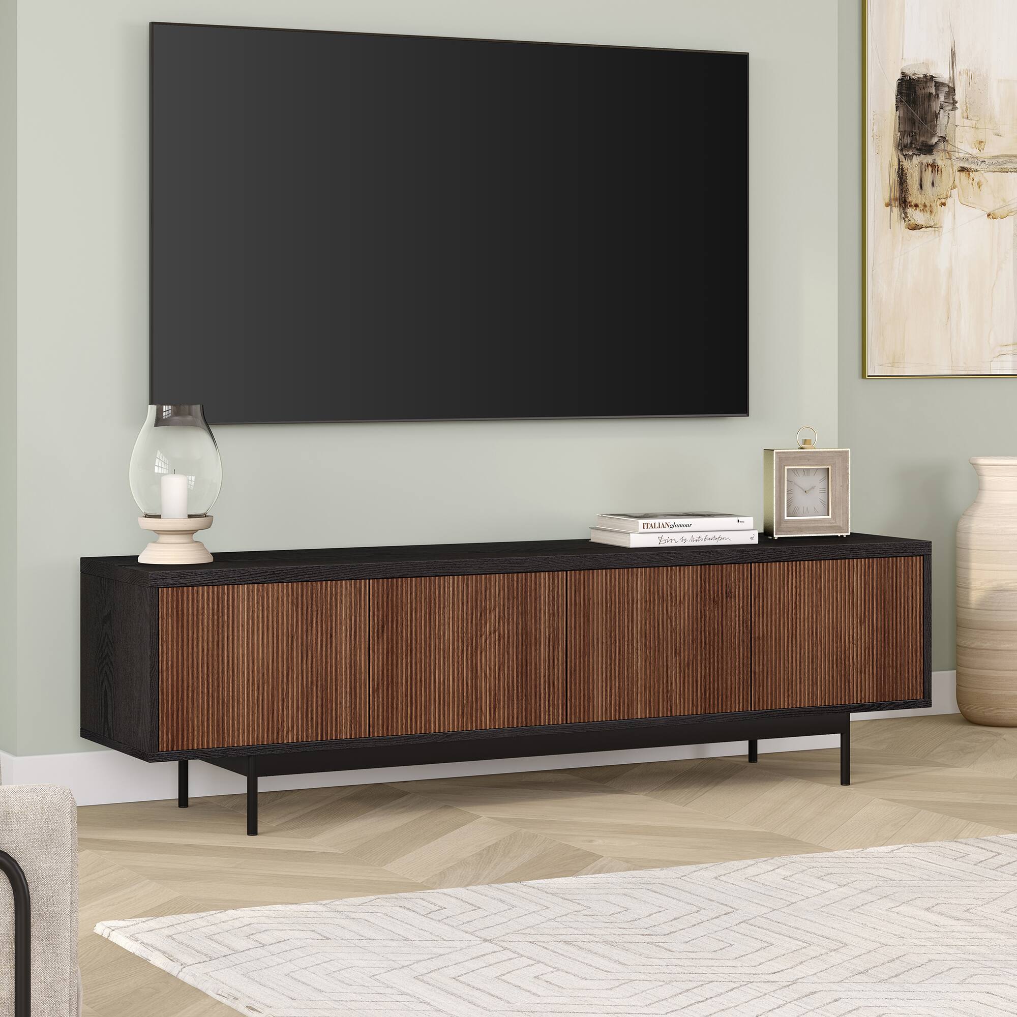 Alt View 3. Hudson&Canal - Whitman Rectangular Fluted TV Stand for TV's up to 75" in Black Grain/Satin Walnut - Black Grain/Satin Walnut.