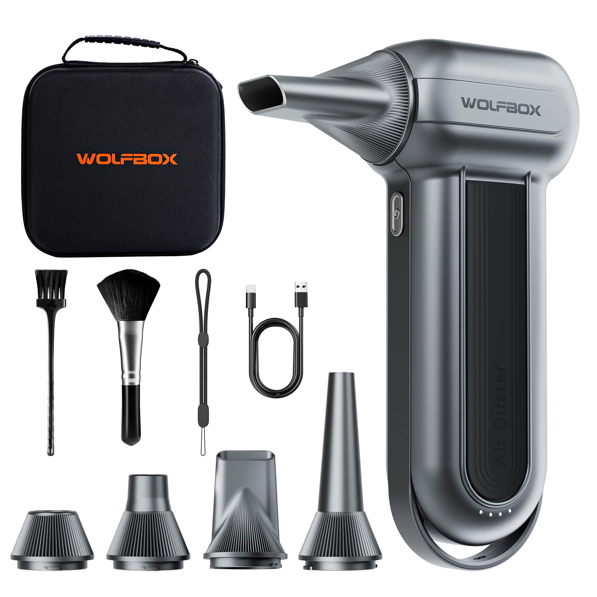 WOLFBOX - 150000 RPM Super Power Electric Air Duster, Cordless Compressed Air Duster Mini Blower with hand carrying case - Silver