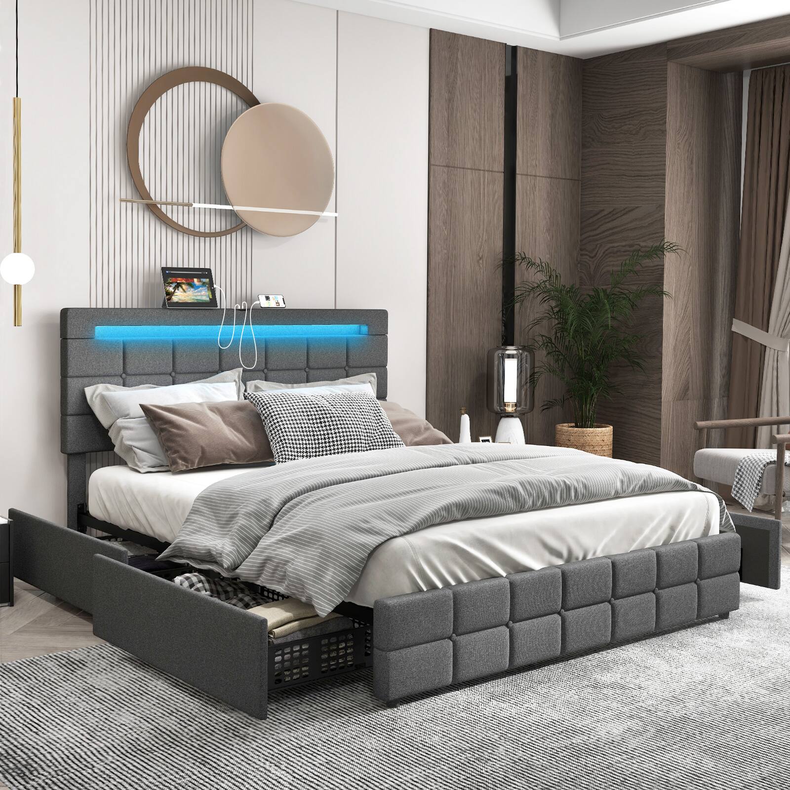Alt View 6. Ecooso - Upholstered LED Bed Frame with Headboard and 4 Storage Drawers - Gray.