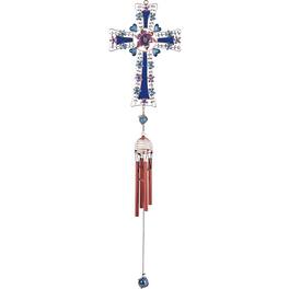 FC Design - 26" Long Blue Cross Wind Chime with Gem Outdoor Patio or Garden Hanging Decoration - Multi-Color