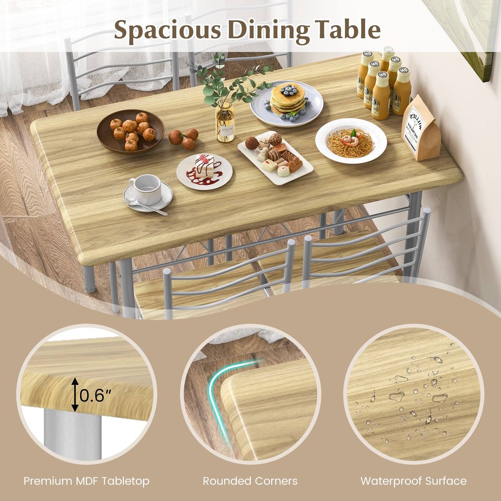 Spacious Dining Table

- Premium MDF Tabletop
- Rounded Corners
- Waterproof Surface

0.6"