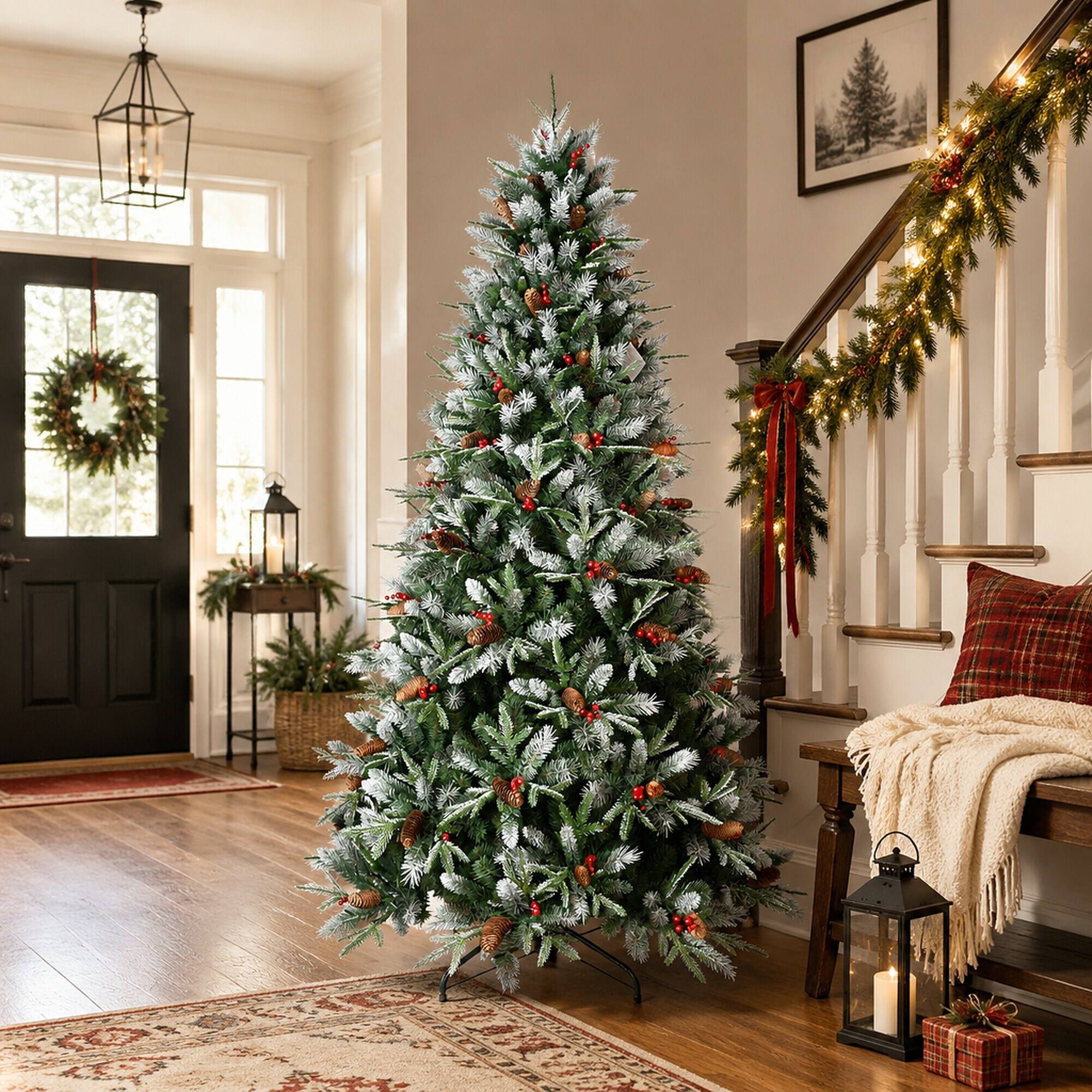 Alt View 1. RYHNUYNE - 7.5FT Christmas Tree With Red Berries Pine Cones, 2514 Snow-Dusted PE+PVC Branches Hinged Design Sturdy Metal Stand - Green,White.