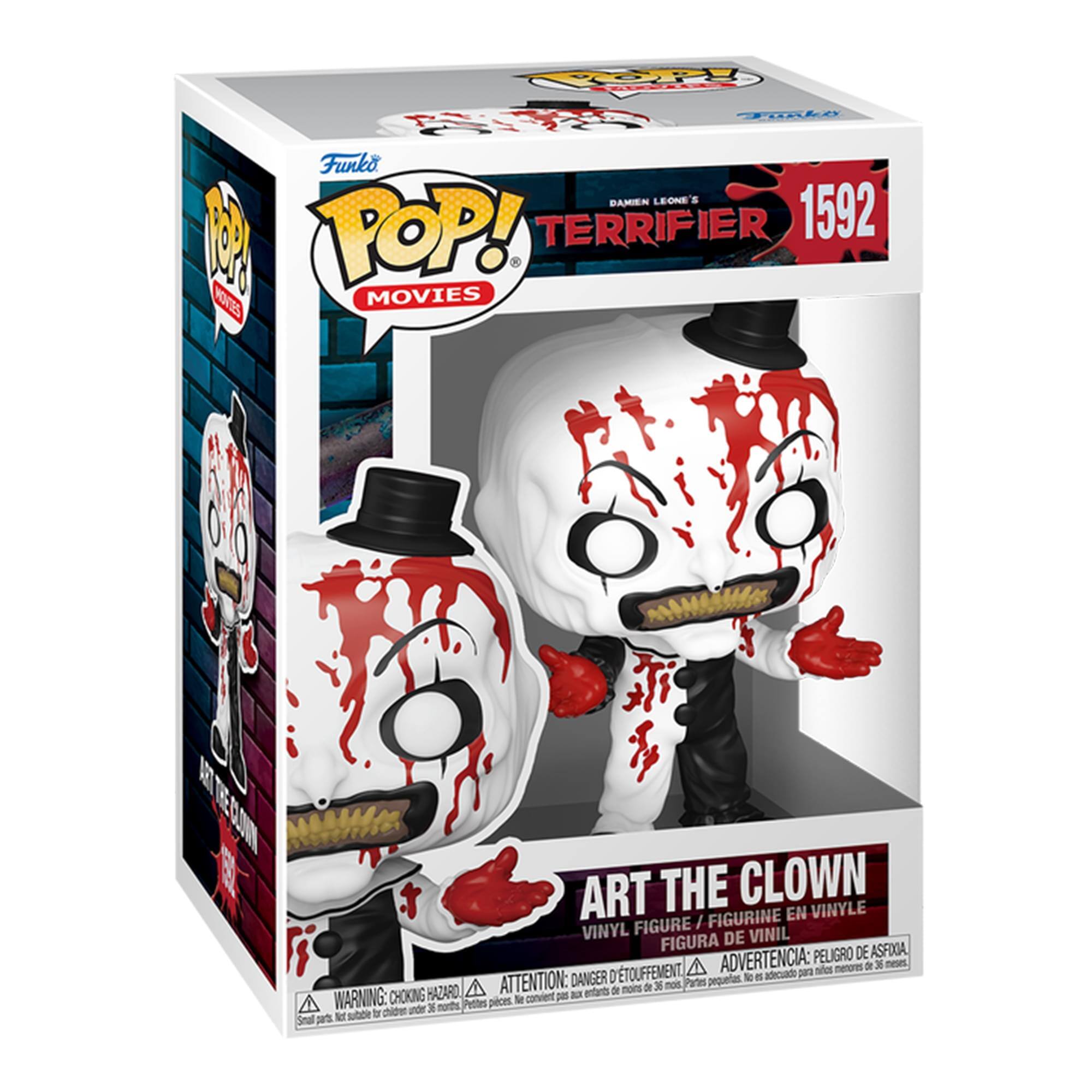 Sure, here is the corrected and grouped text from the image:

---

**Top Left:**
- Funko POP! MOVIES

**Top Center:**
- Damien Leone's TERRIFIER 1592

**Bottom Center:**
- ART THE CLOWN

**Bottom Left:**
- VINYL FIGURE / FIGURINE EN VINYLE / FIGURA DE VINIL / FIGURA DE VINIL

**Bottom Right:**
- WARNING: CHOKING HAZARD - Small parts. Not for children under 3 years. ATTENTION: PELIGRO DE ASFIXIA - Piezas pequeñas. No es adecuado para menores de 36 meses. ADVERTENCIA: DANGER D'ÉTOUFFEMENT - Petites pièces. Ne convient pas aux enfants de moins de 3 ans.

**Bottom Center (on the figure):**
- ART THE CLOWN

**Bottom Left (on the figure):**
- VINYL FIGURE / FIGURINE EN VINYLE / FIGURA DE VINIL / FIGURA DE VINIL

---