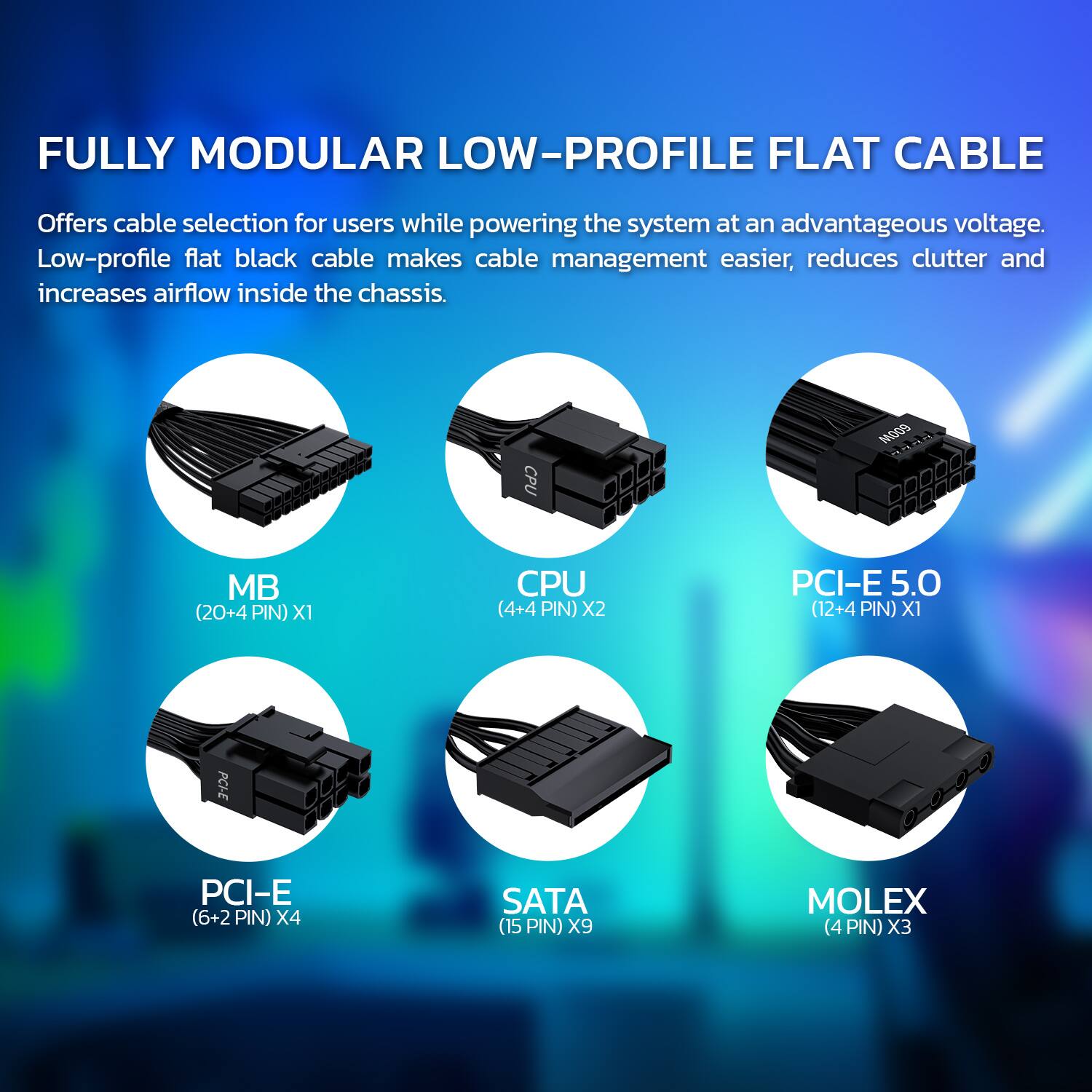 FULLY MODULAR LOW-PROFILE FLAT CABLE

Offers cable selection for users while powering the system at an advantageous voltage. Low-profile flat black cable makes cable management easier, reduces clutter and increases airflow inside the chassis.

- MB (20+4 PIN) X1
- CPU (4+4 PIN) X2
- PCI-E 5.0 (12+4 PIN) X1
- PCI-E (6+2 PIN) X4
- SATA (15 PIN) X9
- MOLEX (4 PIN) X3