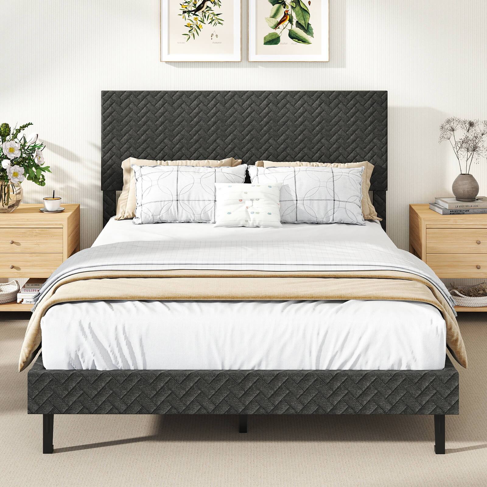 Alt View 1. Costway - Costway Full Size Bed Frame with Height Adjustable Chevron Headboard, No Box Spring Needed - Gray.