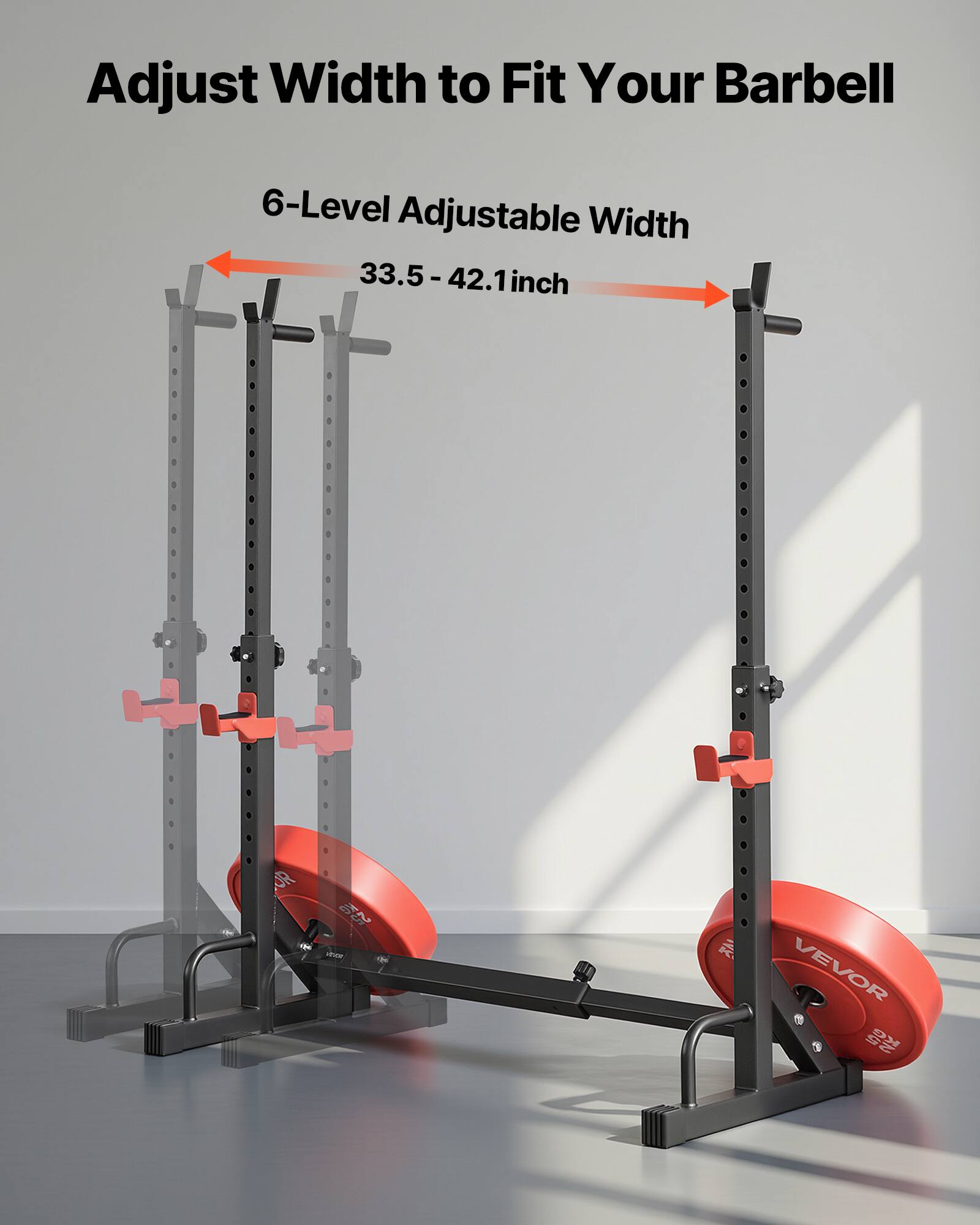 Adjust Width to Fit Your Barbell  
6-Level Adjustable Width  
33.5 - 42.1 inch