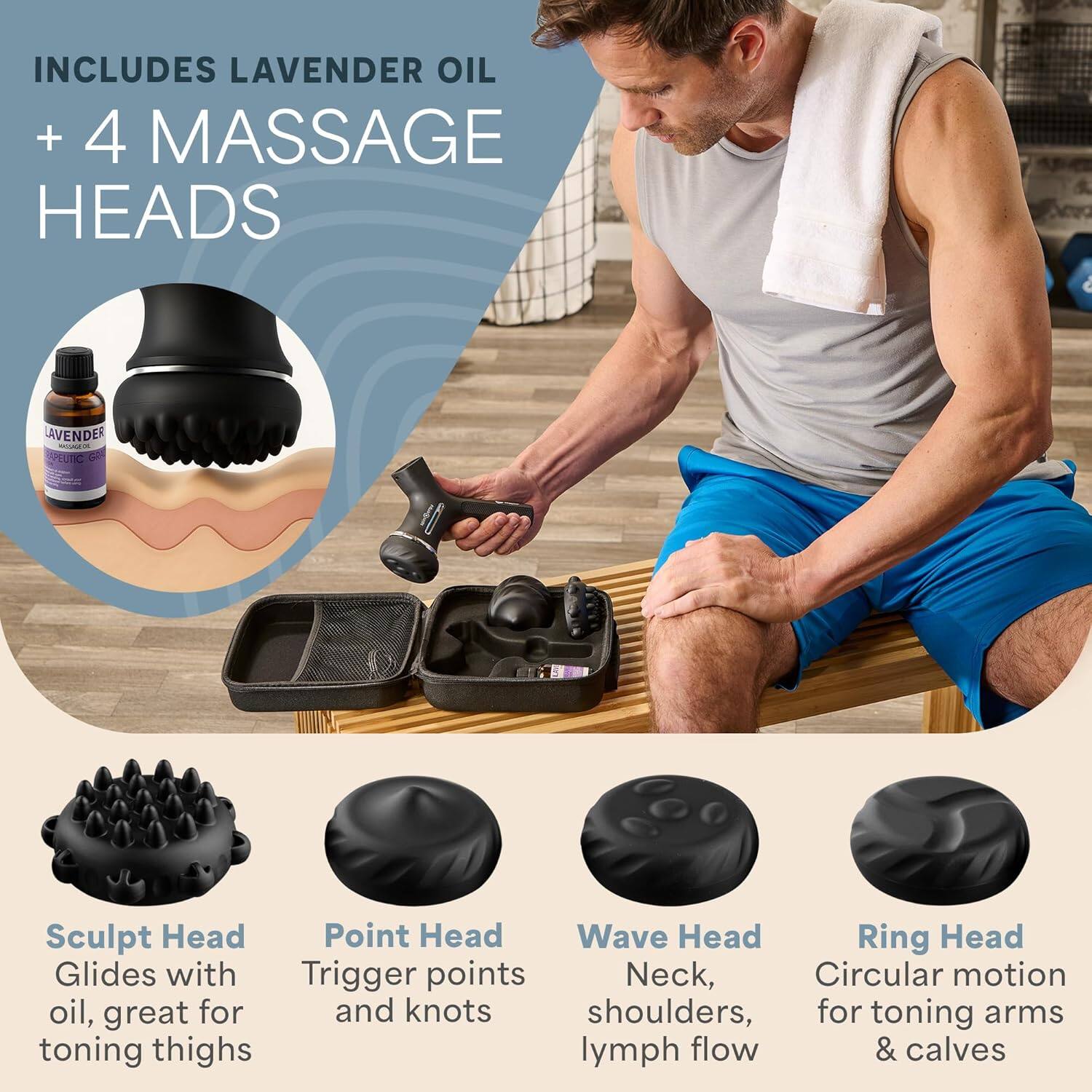 INCLUDES LAVENDER OIL + 4 MASSAGE HEADS

- Sculpt Head: Glides with oil, great for toning thighs
- Point Head: Trigger points and knots
- Wave Head: Neck, shoulders, lymph flow
- Ring Head: Circular motion for toning arms & calves