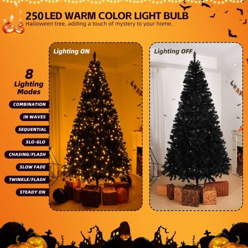 250 LED WARM COLOR LIGHT BULB  
Halloween tree, adding a touch of mystery to your home.  

Lighting ON  
Lighting OFF  

8 Lighting Modes  
- COMBINATION  
- IN WAVES  
- SEQUENTIAL  
- SLO-GLO  
- CHASING/FLASH  
- SLOW FADE  
- TWINKLE/FLASH  
- STEADY ON