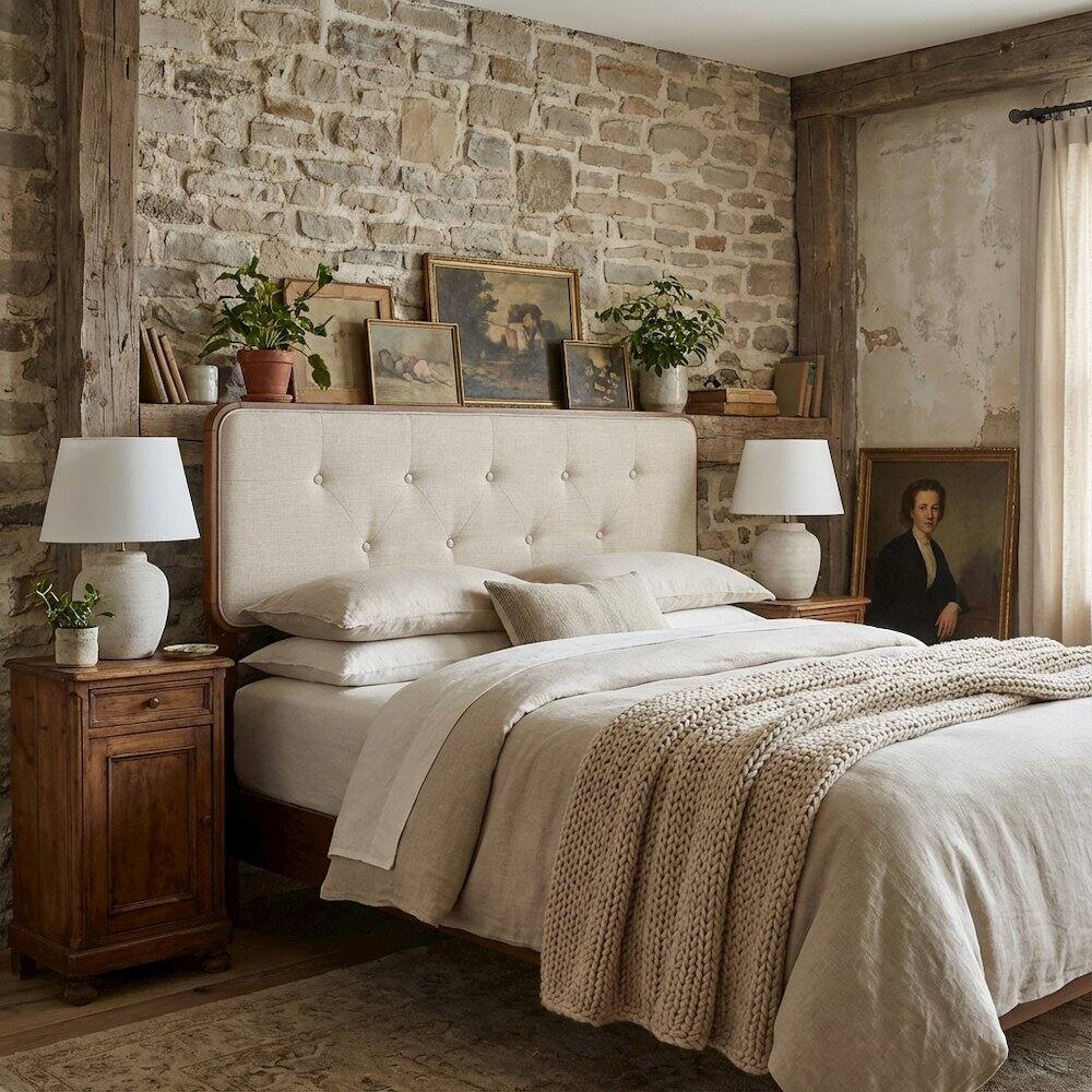 Angle. FurniFact - Tufted Queen Headboard in Fabric and Wood with Sturdy Frame and Elegant Design - Brown.