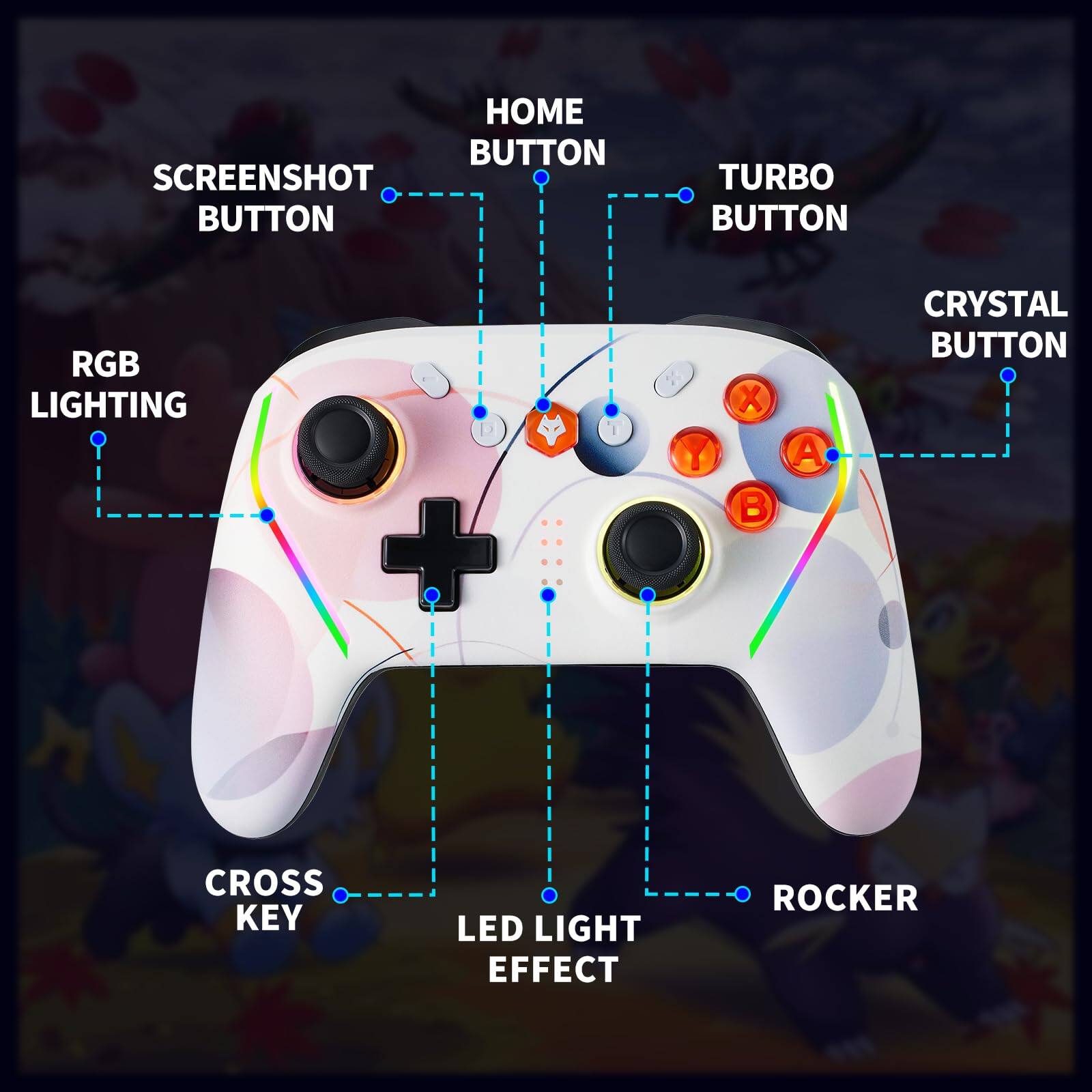- Home Button
- Screenshot Button
- Turbo Button
- Crystal Button
- RGB Lighting
- Cross Key
- LED Light Effect
- Rocker