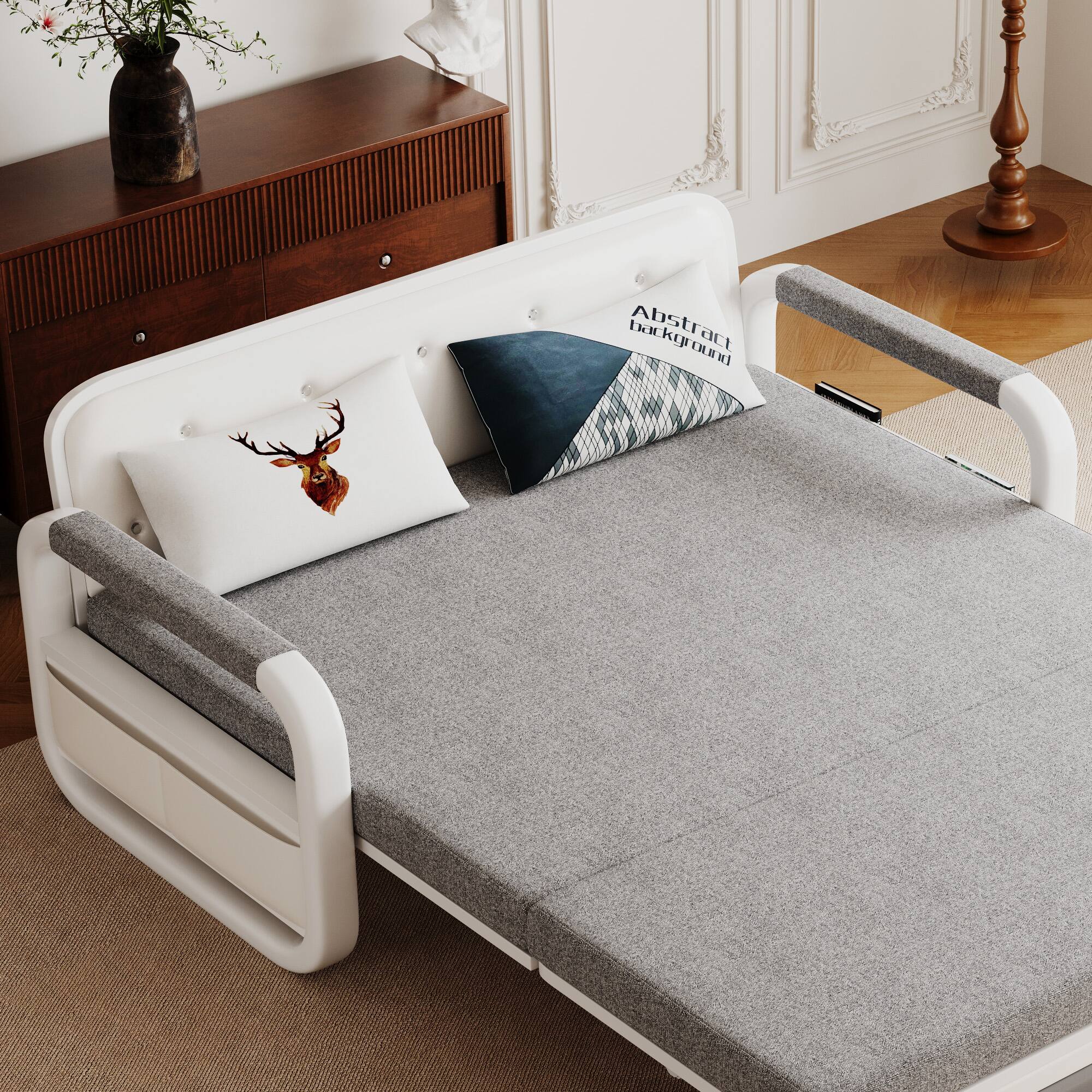 Alt View 4. luck idea - Sofa Bed, Cotton-Linen Fabric, Removable Washable, With Storage, Metal Frame, For Living Room & Bedroom - Gray.