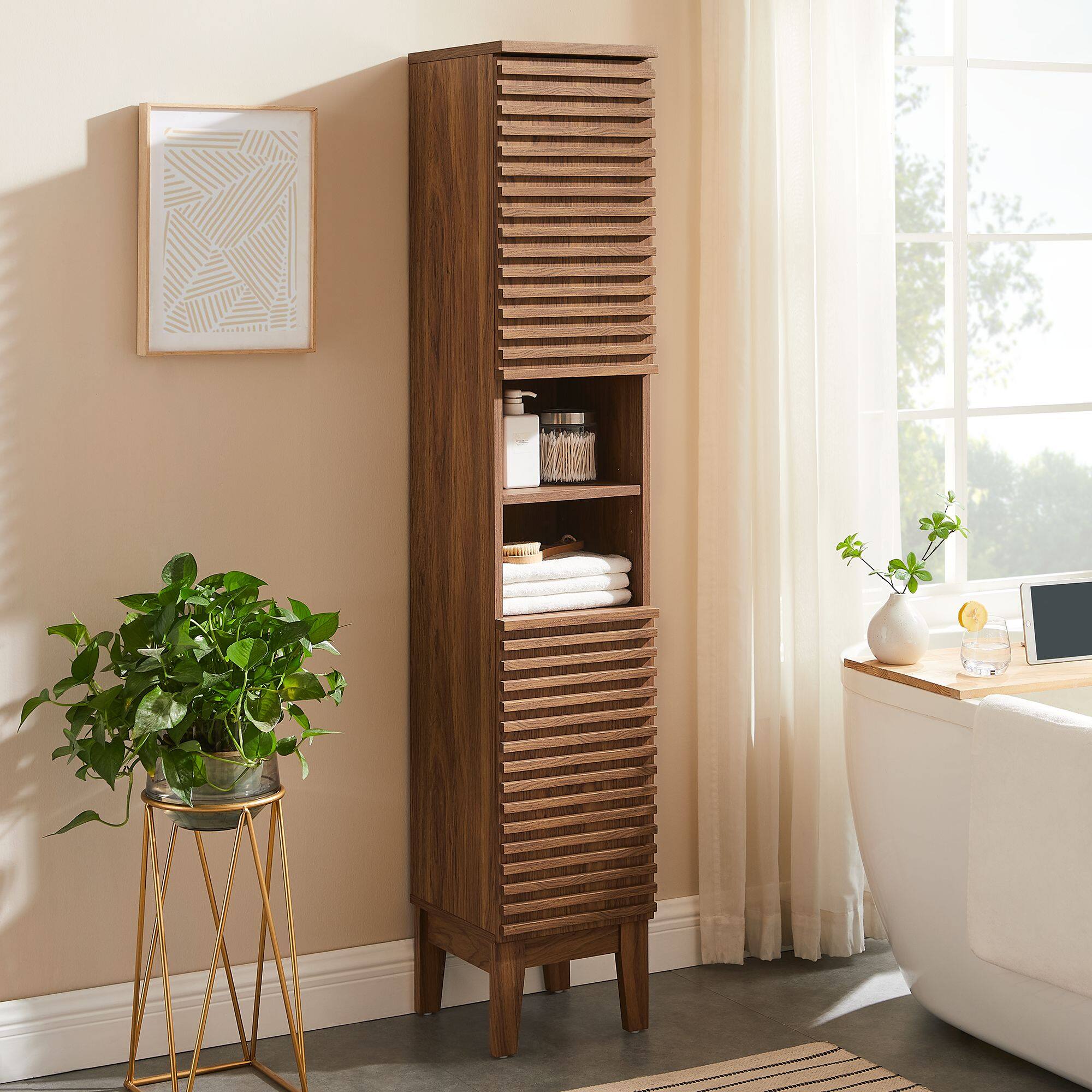 Alt View 1. Modway - Render Tall Narrow Bathroom Storage Cabinet by Modway - Walnut.