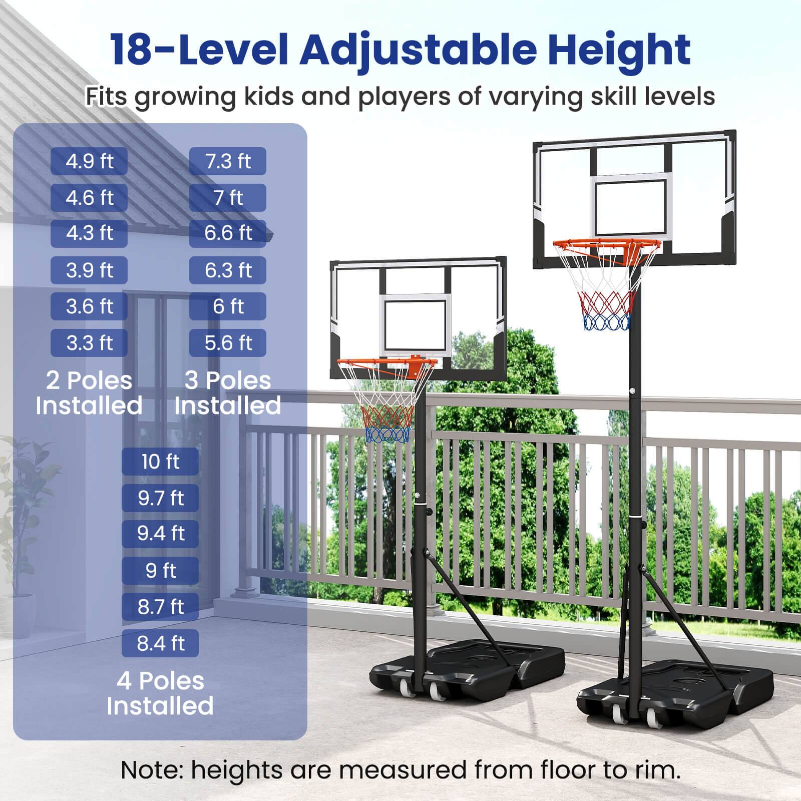 18-Level Adjustable Height  
Fits growing kids and players of varying skill levels  

2 Poles Installed  
4.9 ft  
4.6 ft  
4.3 ft  
3.9 ft  
3.6 ft  
3.3 ft  

3 Poles Installed  
7.3 ft  
7 ft  
6.6 ft  
6.3 ft  
6 ft  
5.6 ft  

4 Poles Installed  
10 ft  
9.7 ft  
9.4 ft  
9 ft  
8.7 ft  
8.4 ft  

Note: heights are measured from floor to rim.