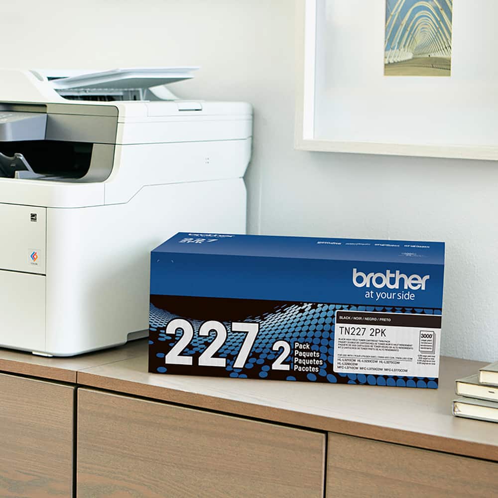 The text on the image reads: "Brother at your side BLACK NOW NEGRO PRETO TN227 2PK 3000 - 227 2 Paquetes Pacotes Paquets Pack - - - - SAMEN nE - MPE-SOW AMSEO N AAM MULE."