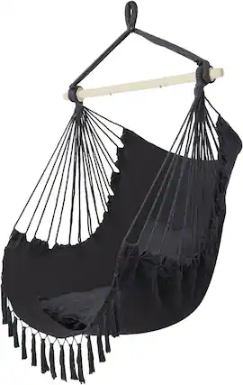 Front. Winado - Hanging Rope Swing Hammock Chair Macrame Hammock Swing Seat w/ 2 Cushions, Steel Spreader Bar, Tassels for In/Outdoor - Dark Gray.