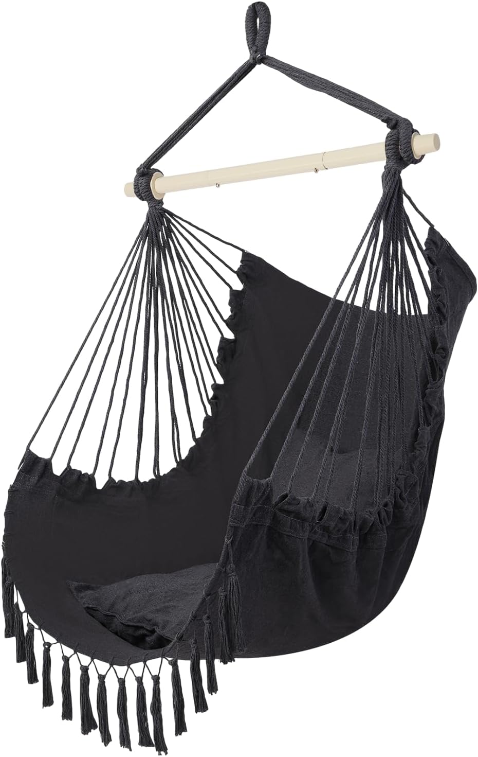 Front. Winado - Hanging Rope Swing Hammock Chair Macrame Hammock Swing Seat w/ 2 Cushions, Steel Spreader Bar, Tassels for In/Outdoor - Dark Gray.