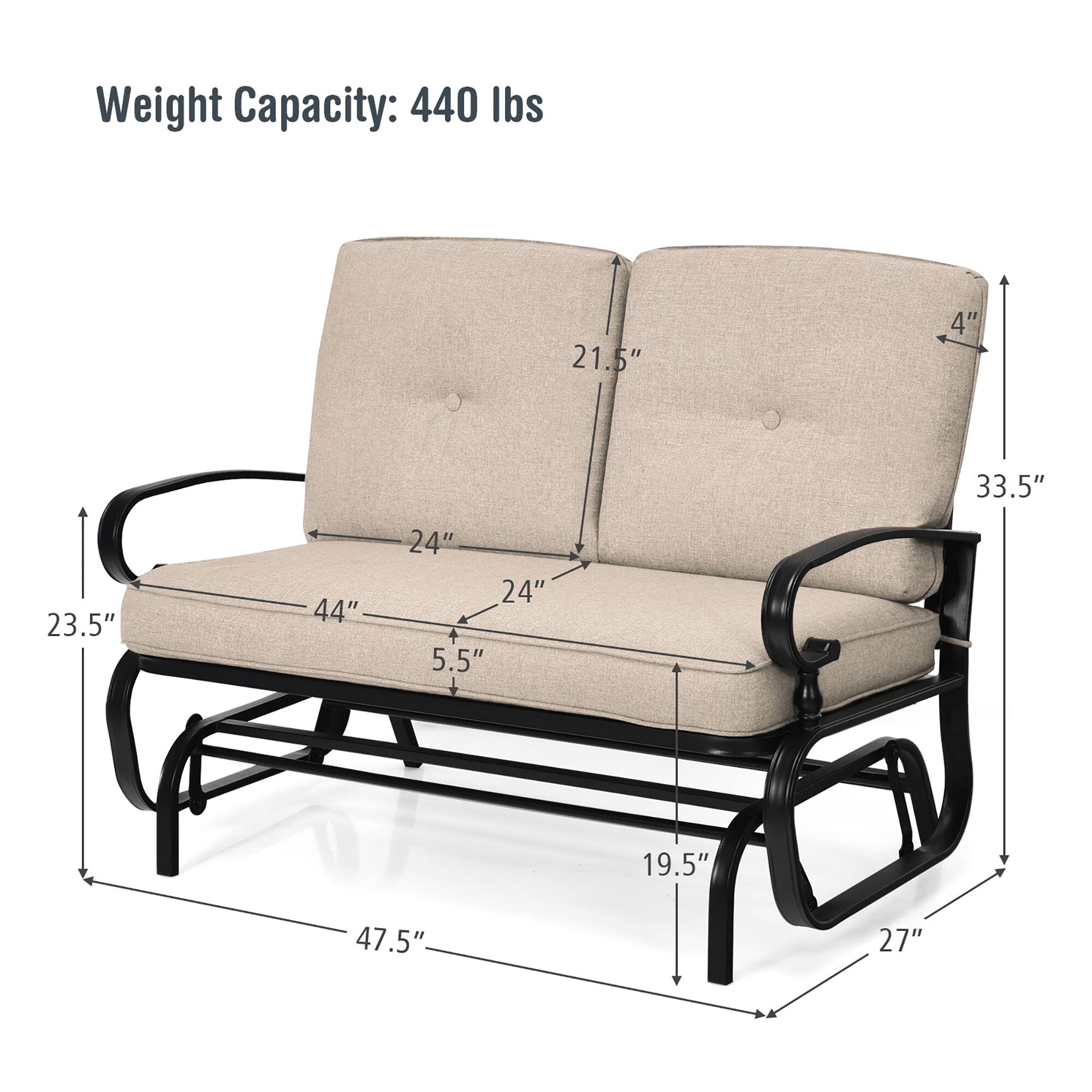 Weight Capacity: 440 lbs

Dimensions:
- Height: 33.5"
- Width: 47.5"
- Depth: 23.5"
- Seat Depth: 44"
- Arm Height: 24"
- Arm Width: 21.5"
- Leg Height: 19.5"
- Leg Width: 27"
- Back Height: 5.5"