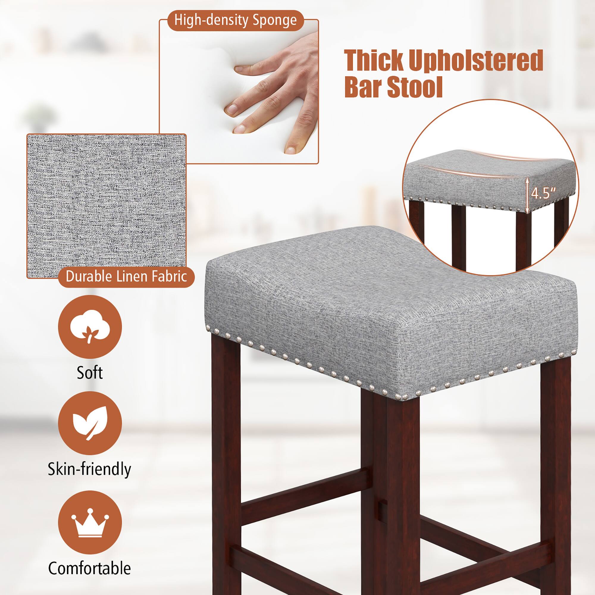 High-density Sponge, Thick Upholstered Bar Stool, Durable Linen Fabric, Soft, Skin-friendly, Comfortable